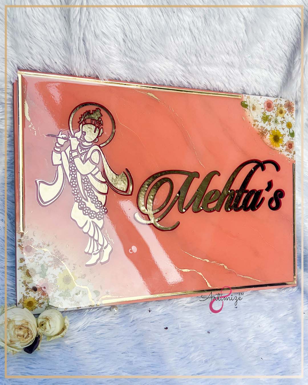 Krishna Real Dried Flower Name Plate - Home Name Plate
