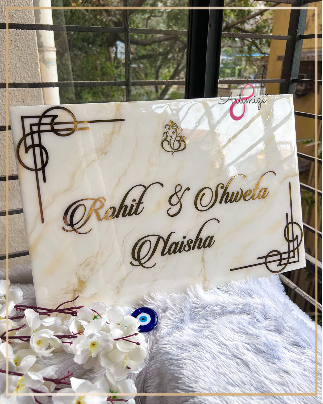 Cream Marble Effect Resin Name Plate - House Name Plate